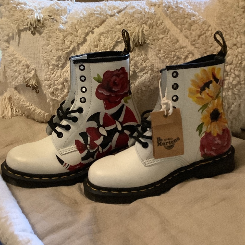 Dr. Martens Kids White Boots with Floral Design